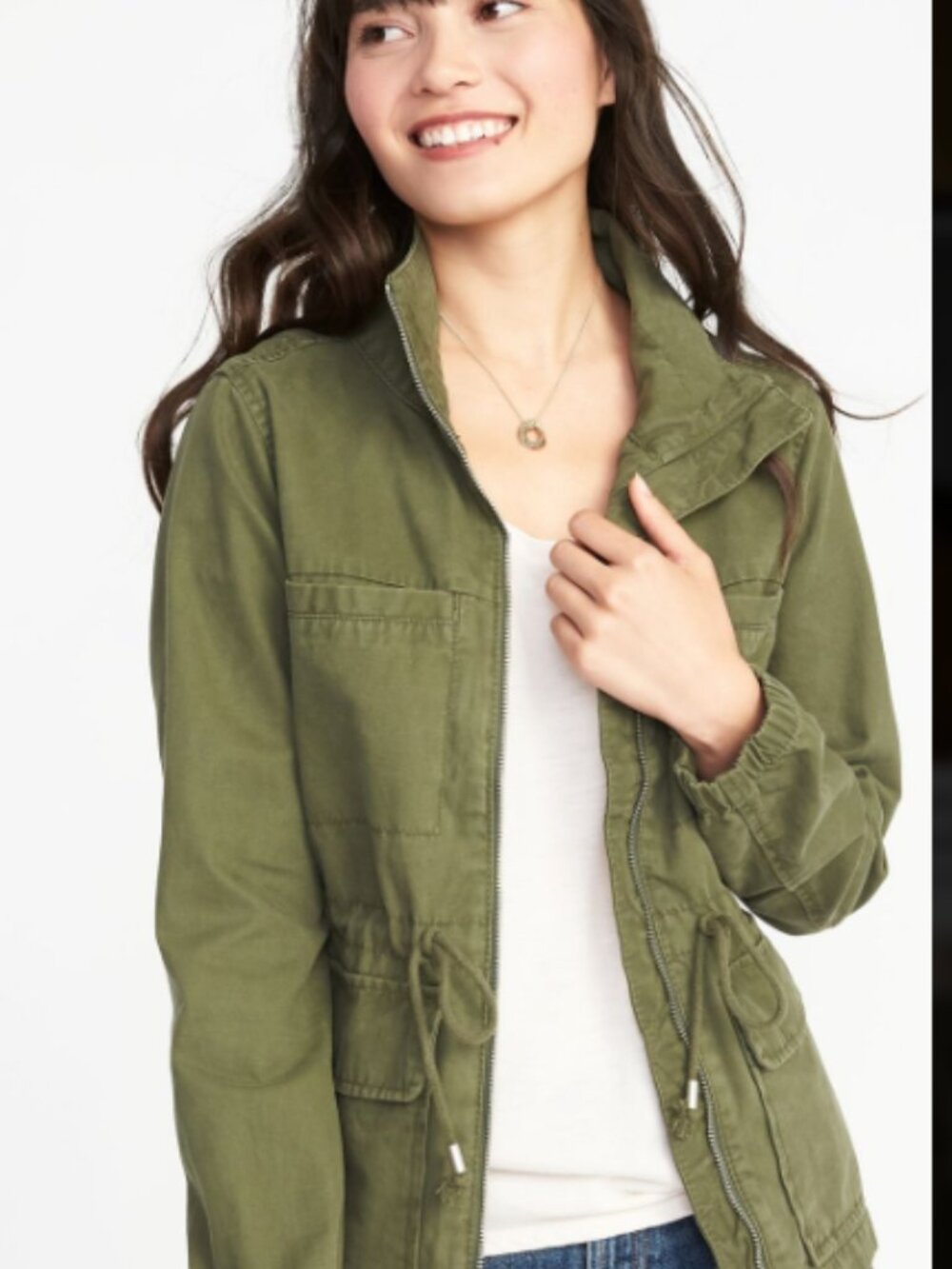 Old Navy Women’s Size M Green Twill Utility Jacket, Drawstring Waist, Full Zip